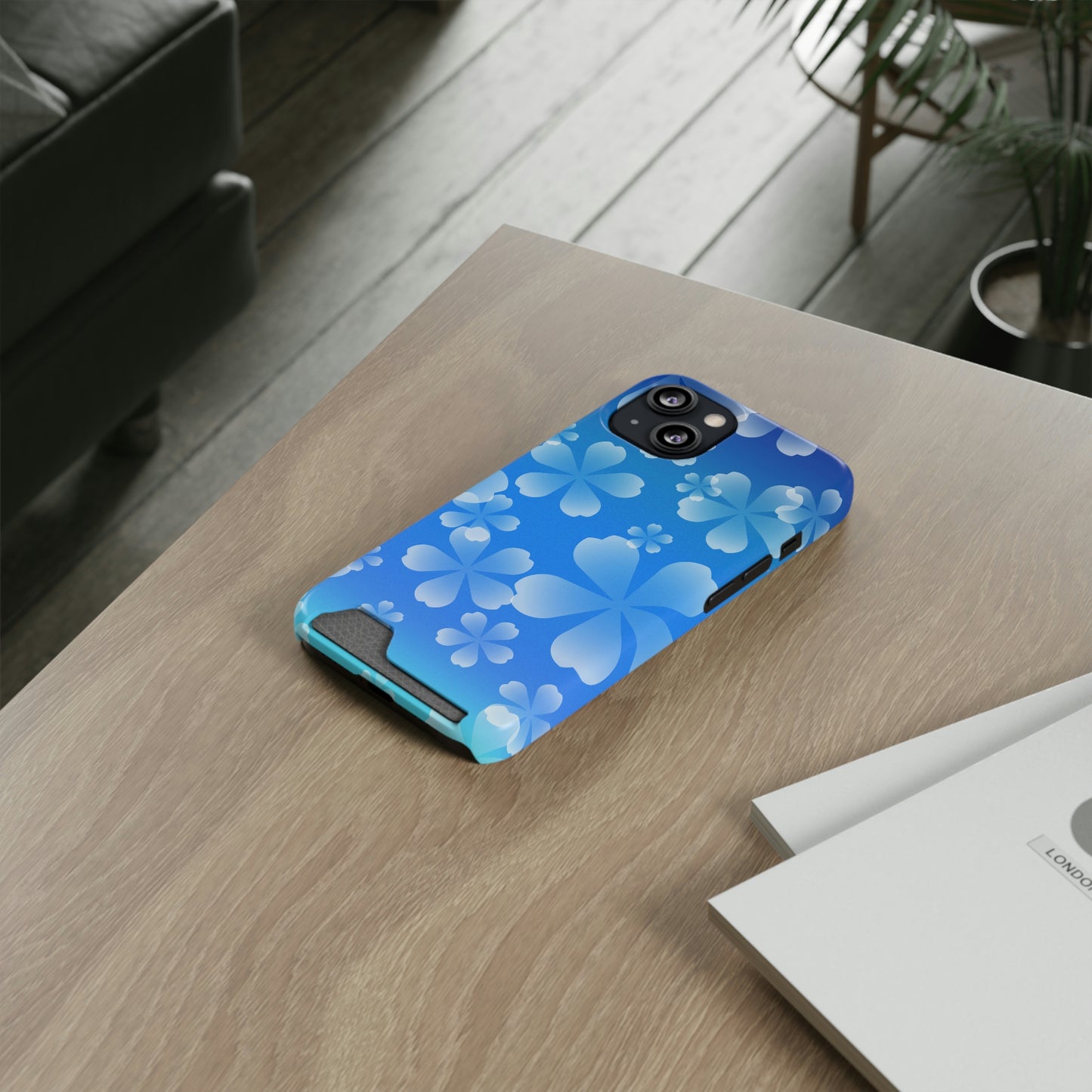 Blue and Cherry Blossom Case With Card Holder