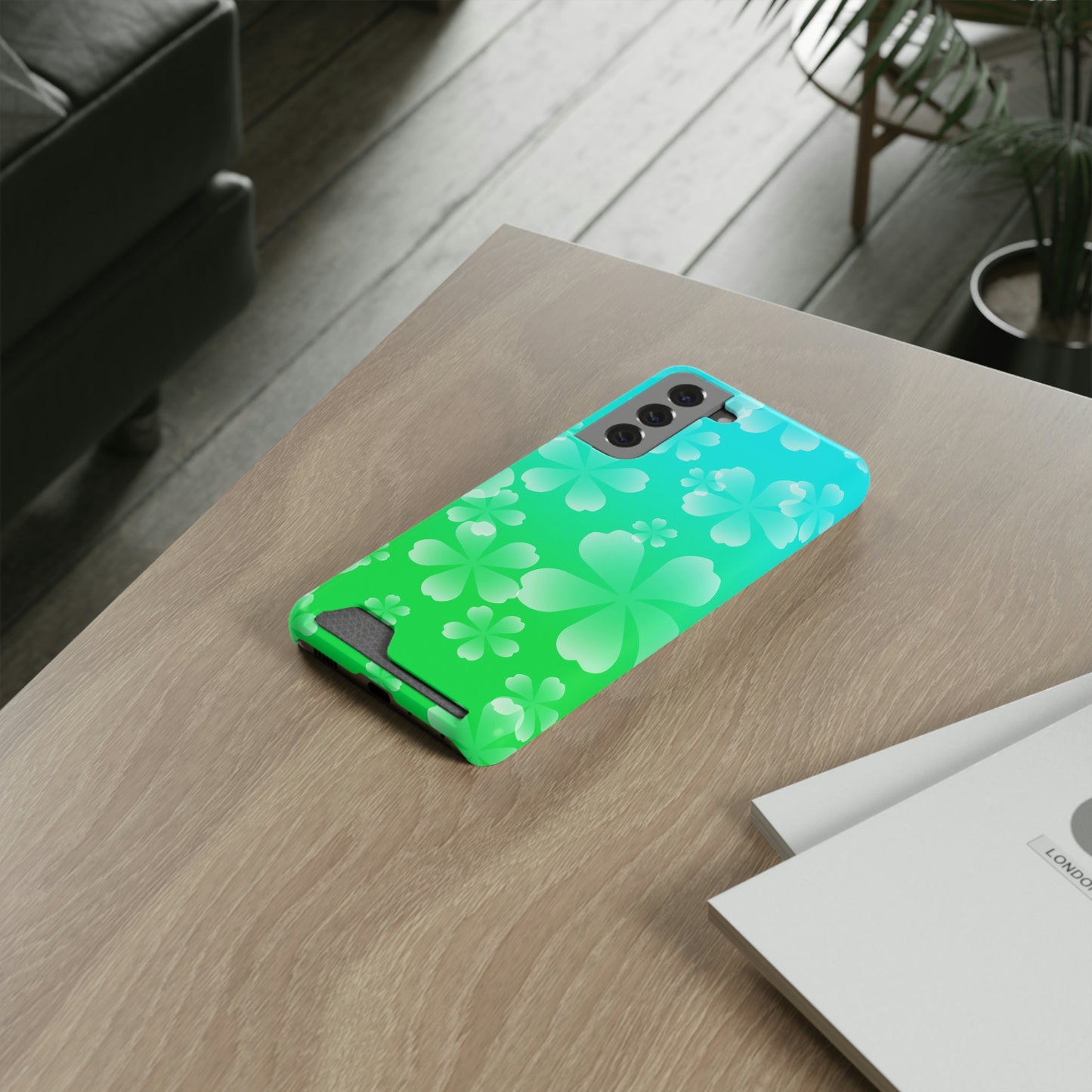 Green and Cherry Blossom Case With Card Holder