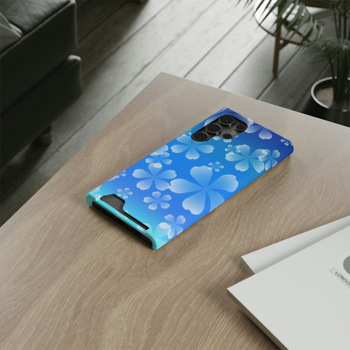 Blue and Cherry Blossom Case With Card Holder