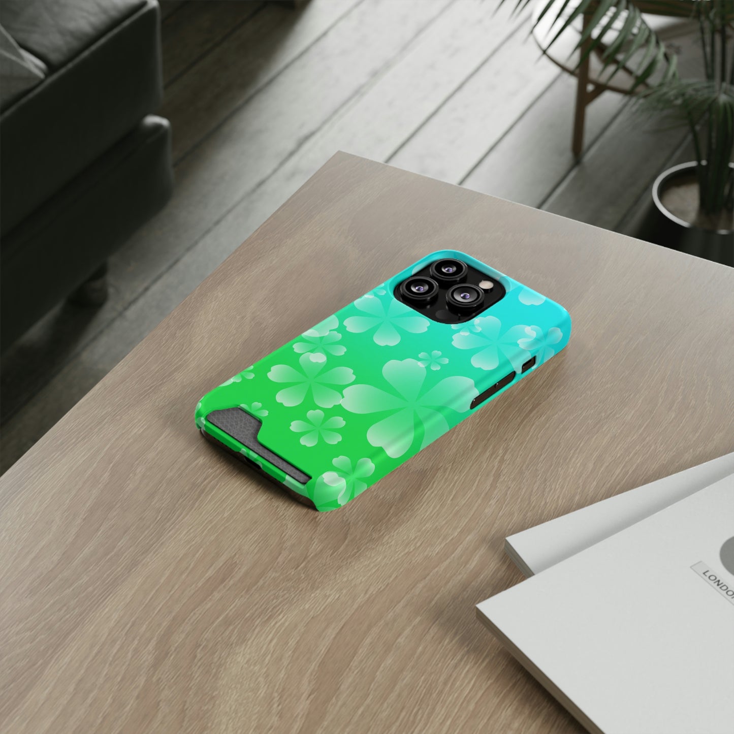 Green and Cherry Blossom Case With Card Holder